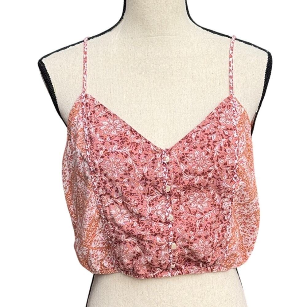 American Eagle Floral Crop Cami Blouse Medium Pink Orange Coquette Festival Boho